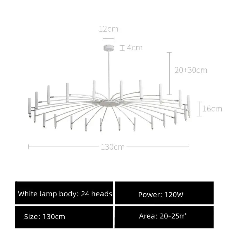 Modern black sputnik chandelier with 24 slender white metal arms and cylindrical light heads by decorbites black sputnik