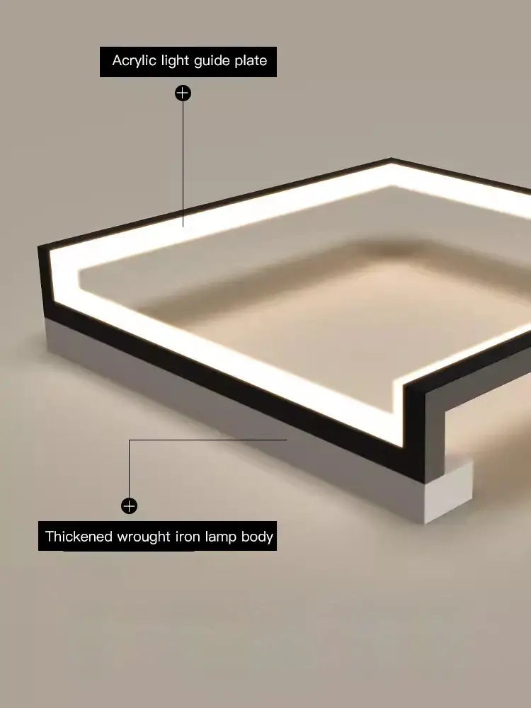 Modern black square led smart chandelier with sleek black wrought iron base and glowing white acrylic light guide plate