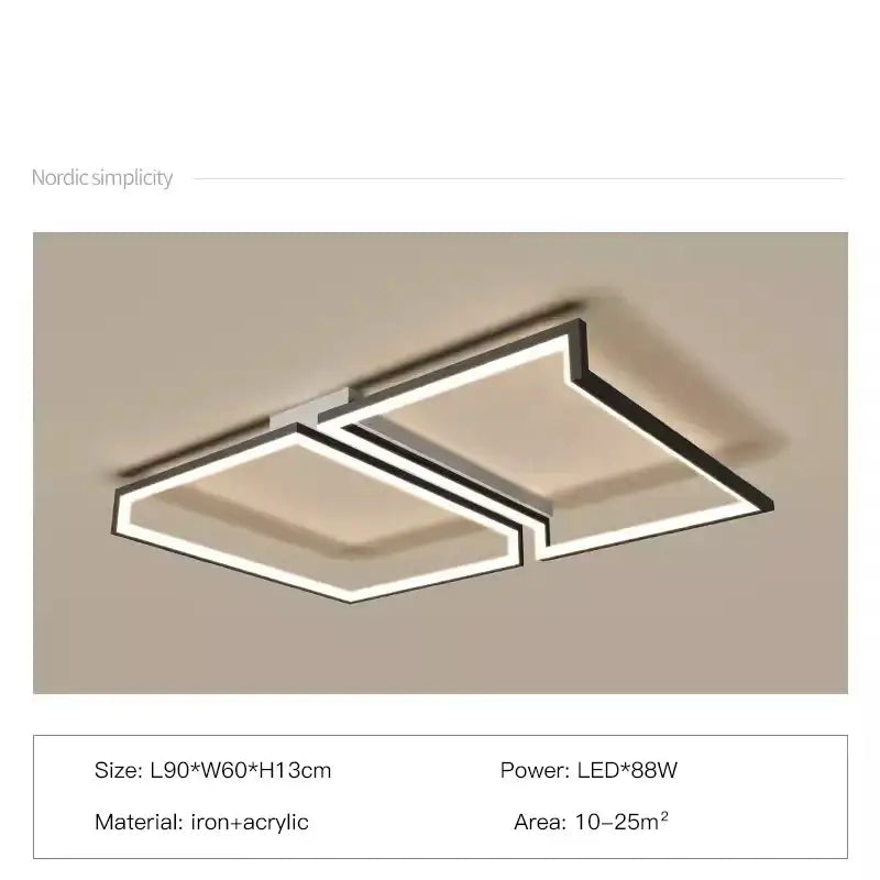 Modern black square led smart chandelier living room ceiling light with sleek black and white iron and acrylic frame
