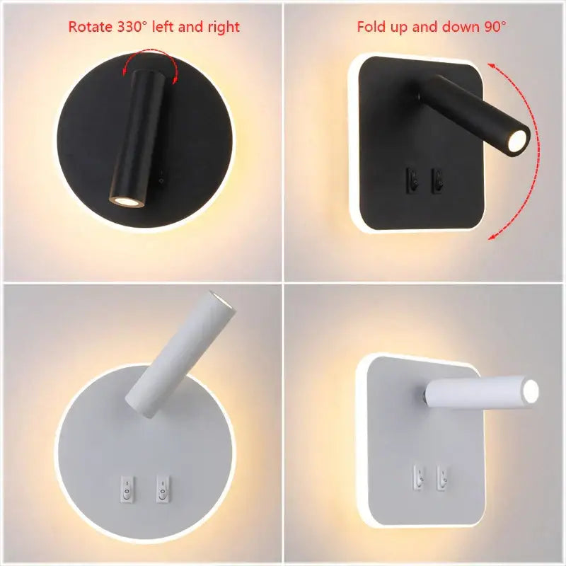 Modern black and white adjustable led wall lamp with sleek square design ideal for bedroom reading light