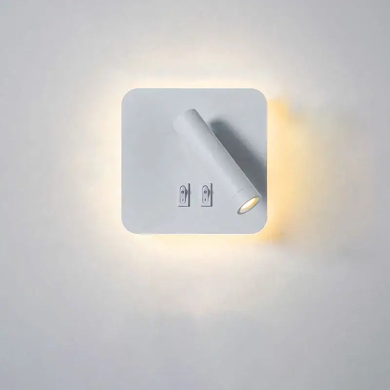 Modern black square led wall lamp with sleek white cylindrical reading light and minimalist switches for bedroom use