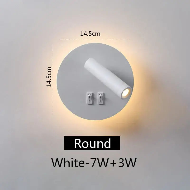Modern black square led wall lamp with white round cylindrical light fixture and dual switches for bedroom reading use