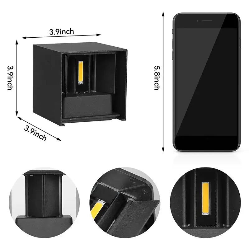 Modern black square led wall light with integrated yellow cob light module shown next to smartphone for scale decorbites led wall