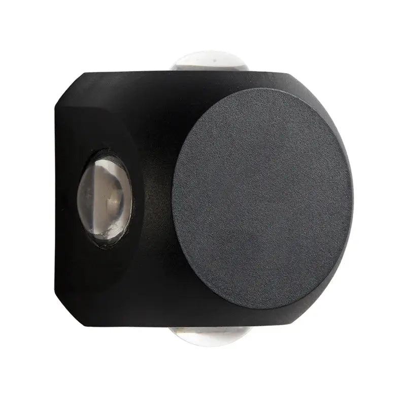 Modern black matte-finished square led wall light with circular textured face and clear oval lens for outdoor decor