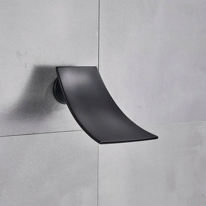 Modern black square shower faucet set featuring a black matte wall-mounted soap dish with a sleek curved design