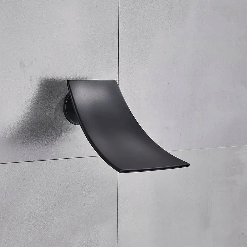 Modern black square shower faucet set featuring a black matte wall-mounted soap dish with a sleek curved design