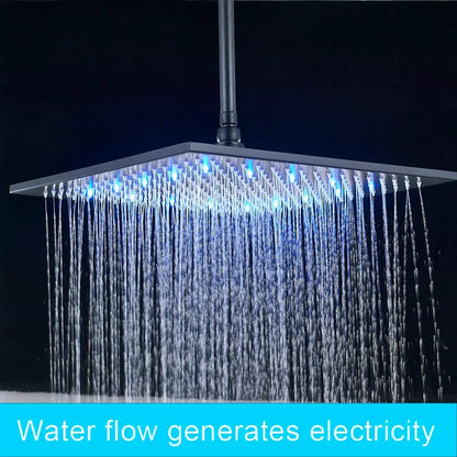 Modern black square shower faucet set with led rainfall head featuring blue led lights and cascading water flow