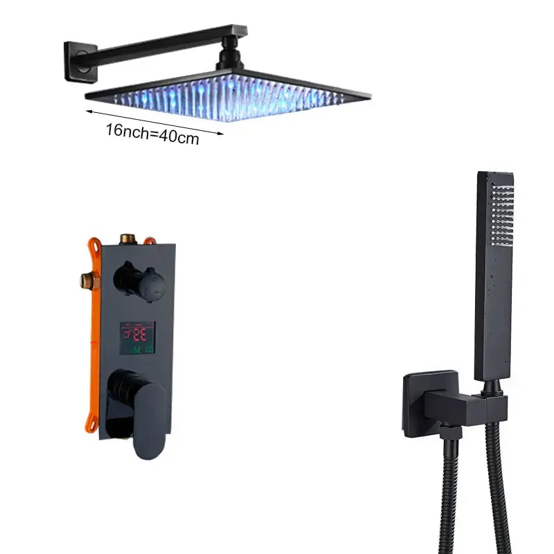 Modern black square shower faucet set with 16-inch rainfall head and blue led lighting for bathroom use