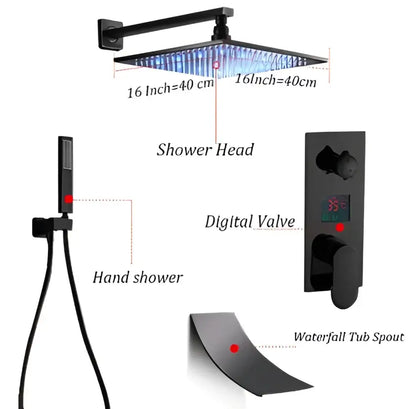 Modern black matte shower faucet set with 16-inch square rain shower head, handheld shower, digital valve, and waterfall spout