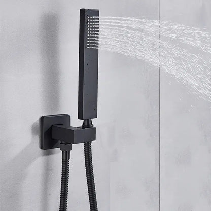 Modern black matte shower faucet set with rectangular rainfall head and flexible hose for bathroom use