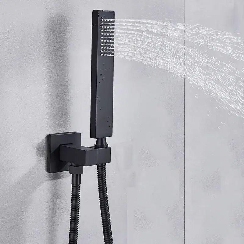 Modern black matte shower faucet set with rectangular rainfall head and flexible hose for bathroom use