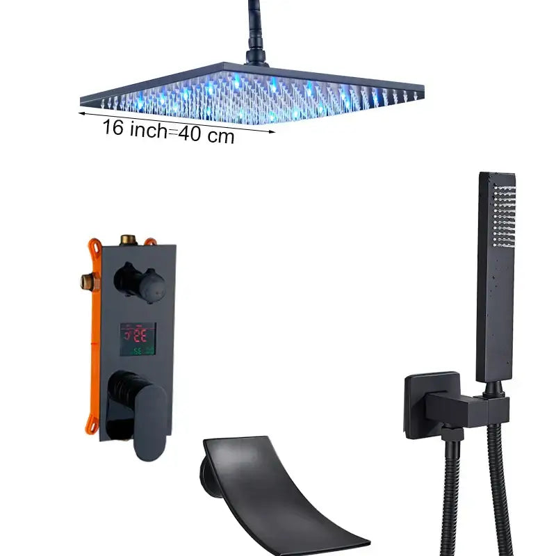 Modern black matte 16-inch square rain shower head with blue led lighting for shower faucet set bathroom use