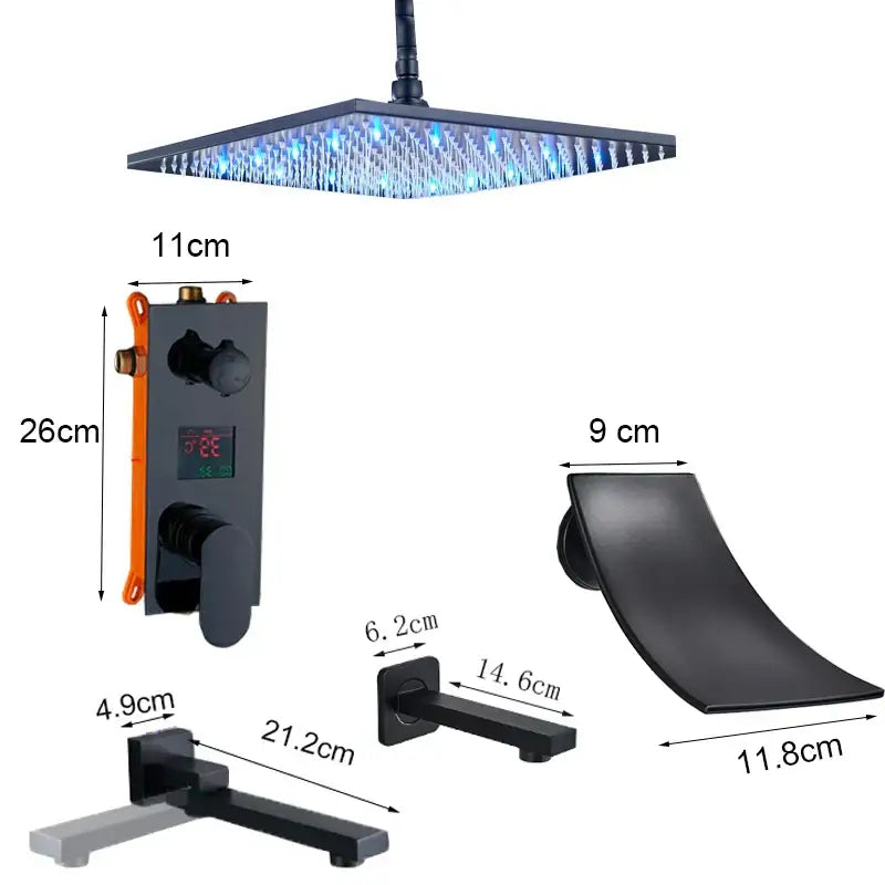 Modern black matte square shower faucet set with blue led rainfall shower head for bathroom use
