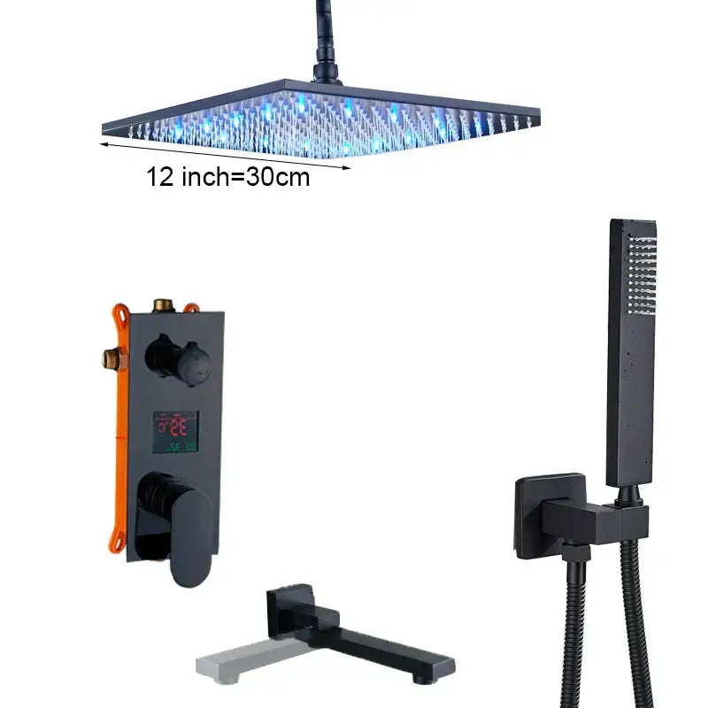Black square rain shower head with blue led lights 12 inch modern shower faucet set for bathroom use