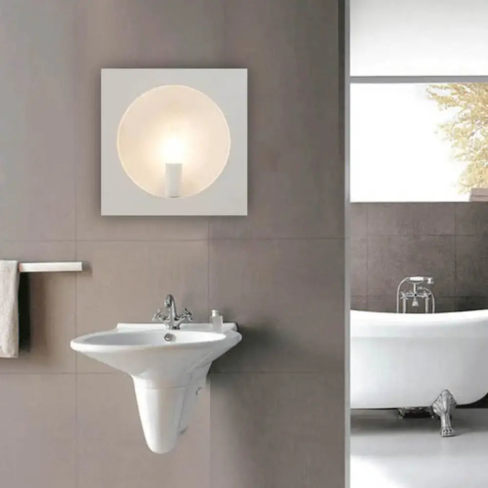 Modern white square wall sconce lamp with circular frosted glass diffuser ideal for bathroom lighting