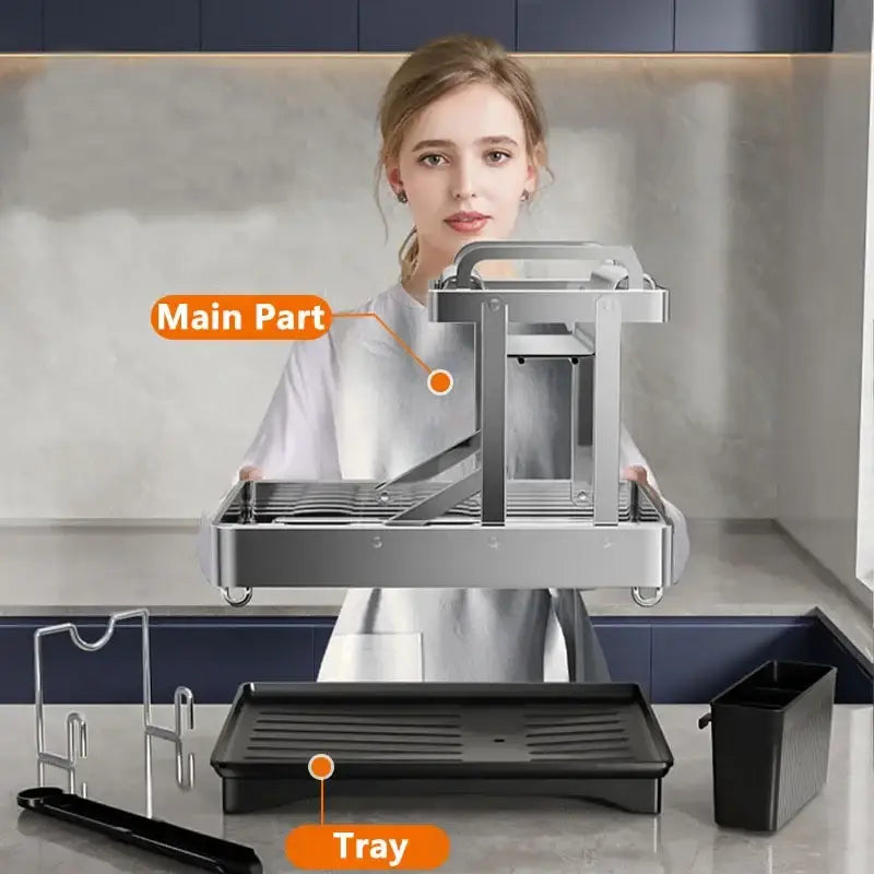 Modern black stainless steel double-tier dish drainer rack with sleek design and integrated handles for kitchen storage