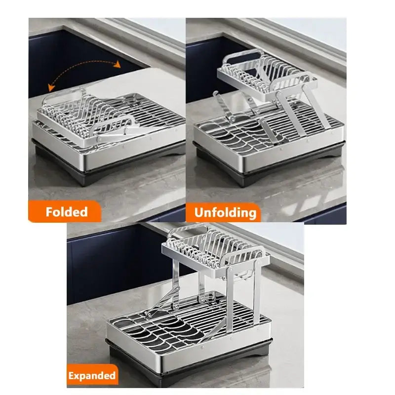 Modern black stainless steel 2 tier foldable dish drainer rack with silver finish and black rubber base for kitchen storage