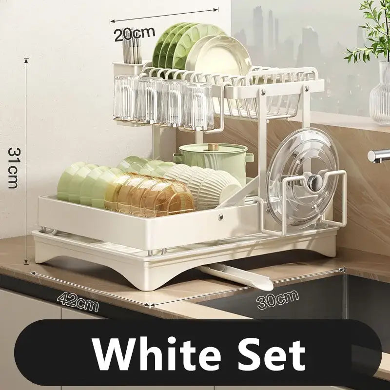 Modern white two-tier dish drainer rack with sleek metal frame for efficient kitchen storage and drying
