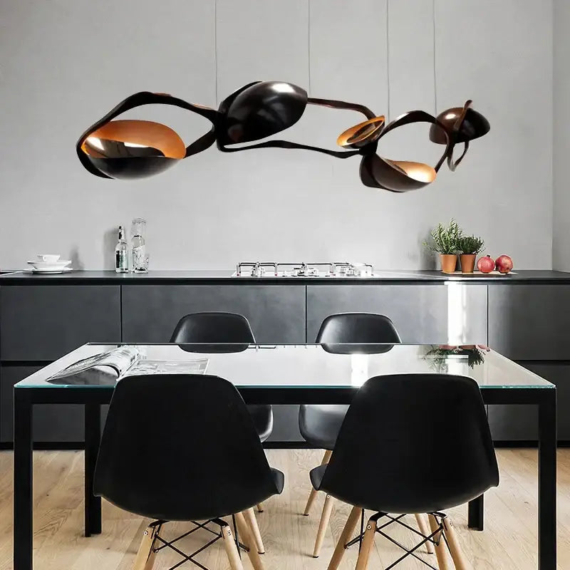 Modern black stainless steel abstract chandelier with copper tones and sculptural design for living room decorbites black stainless