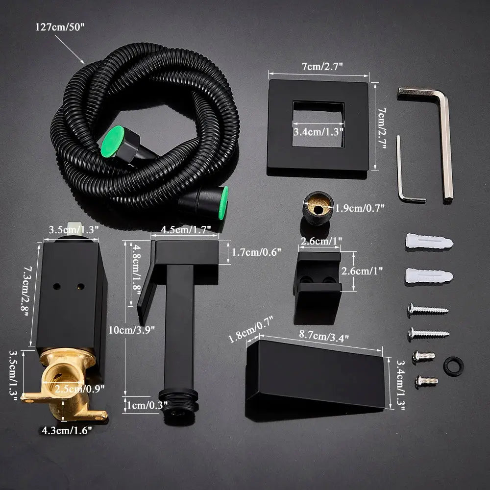 Black matte-finish modern bathroom faucet kit with brass accents and a coiled black hose featuring green-tipped connectors.