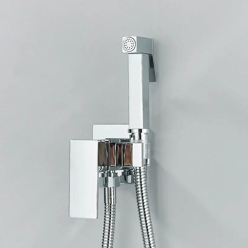 Modern black and stainless steel brass bidet faucet with chrome finished rectangular wall-mounted spray and flexible hose