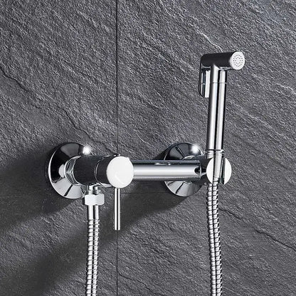Chrome-finished wall-mounted brass bidet faucet with sleek modern design and handheld sprayer for bathroom use