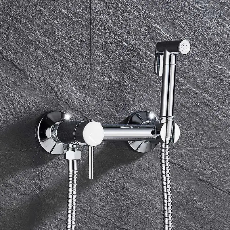 Chrome-finished wall-mounted brass bidet faucet with sleek modern design and handheld sprayer for bathroom use