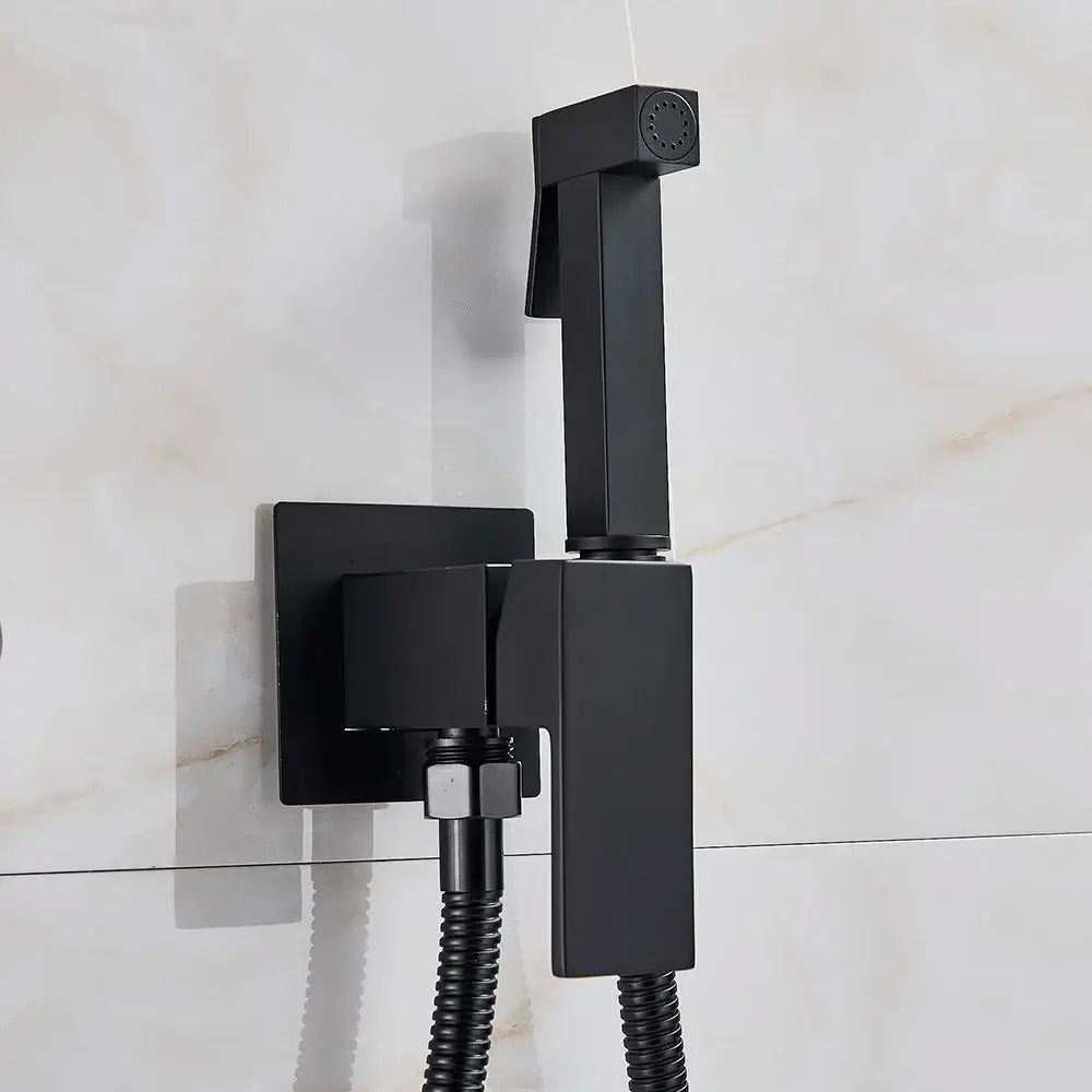Modern black matte brass bidet faucet with square base and flexible hose for bathroom use by decorbites brass bidet
