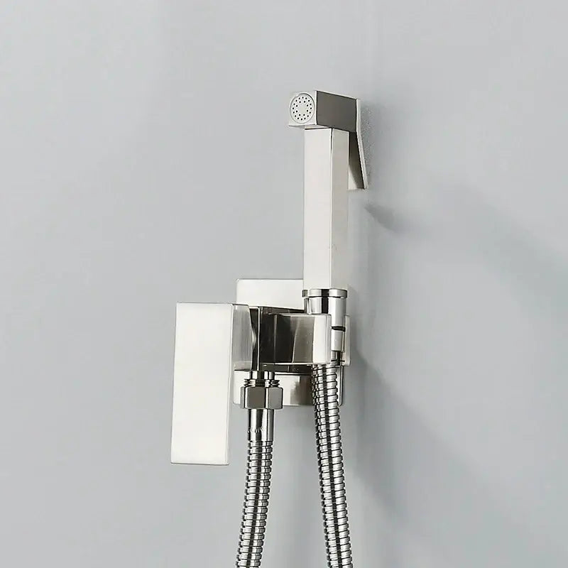 Modern black and stainless steel brass bidet faucet with chrome finish rectangular design and flexible braided hose by decorbites