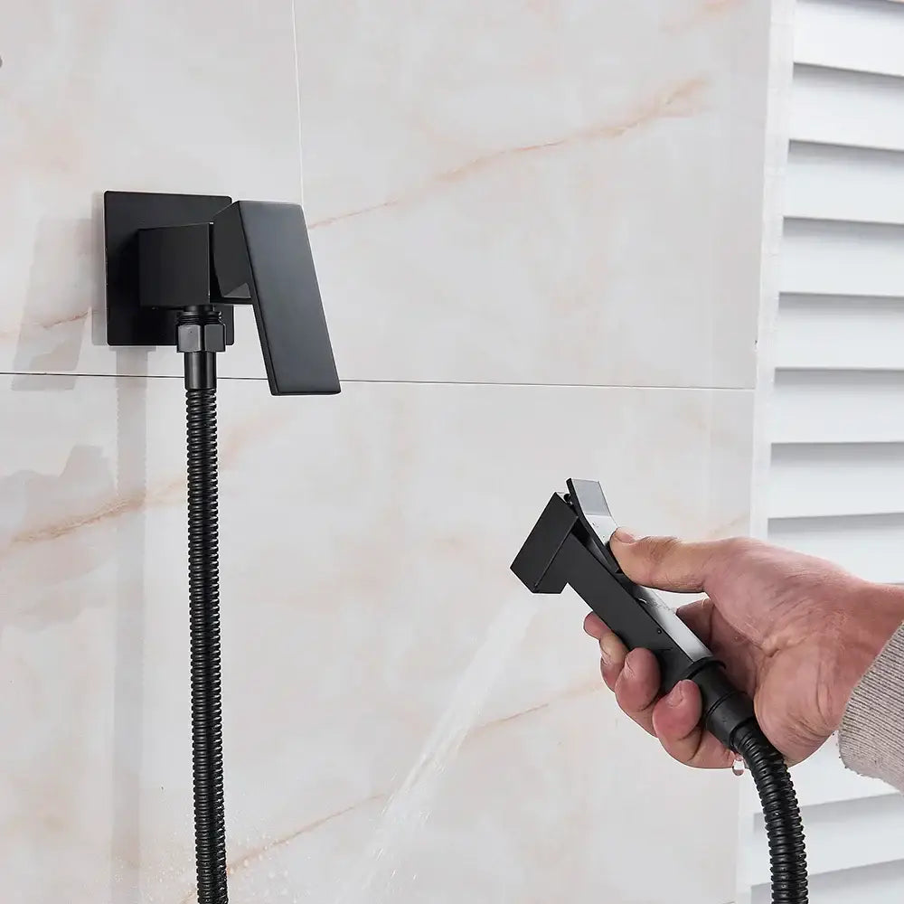 Modern black and stainless steel brass bidet faucet with matte finish wall-mounted spray and flexible handheld nozzle for bathroom decorbites brass bidet