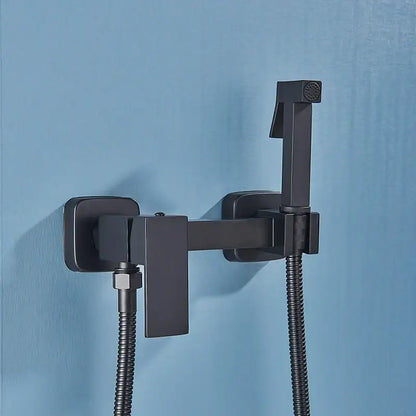 Modern black matte-finished brass bidet faucet with stainless steel sprayer and flexible hose for bathroom use