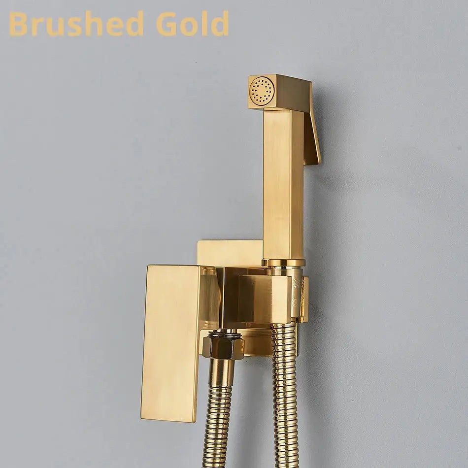 Modern black and stainless steel brass bidet faucet with brushed gold handheld showerhead and flexible braided hose decorbites brass bidet