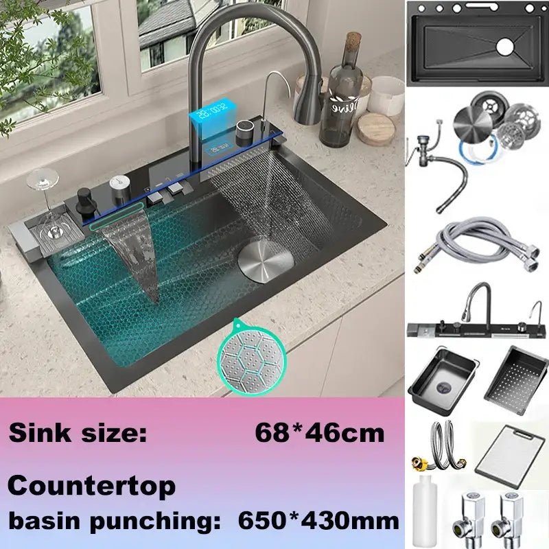 Modern black stainless steel double basin kitchen sink digital faucet - Decorbites