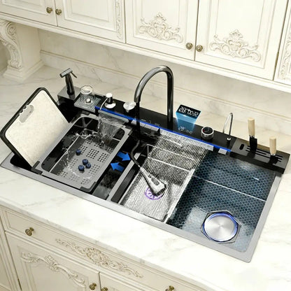 Modern black stainless steel double basin kitchen sink digital faucet - Decorbites