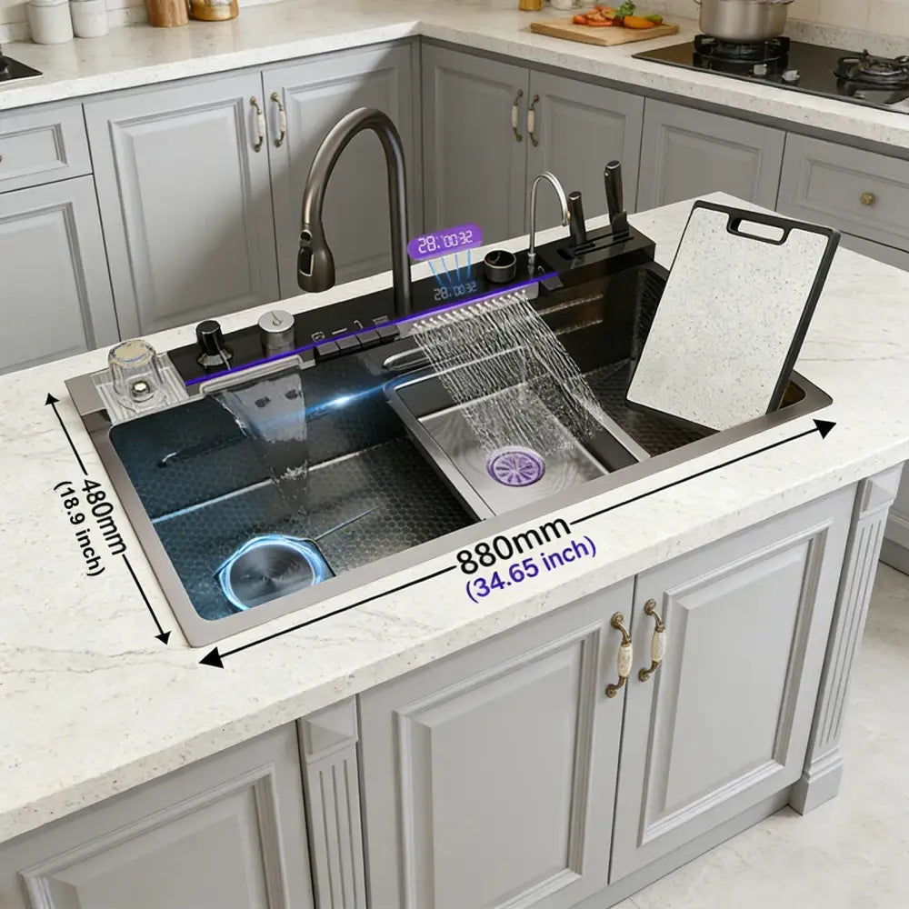 Smart dual-basin modern black stainless steel kitchen sink with integrated LED lighting and digital display faucet