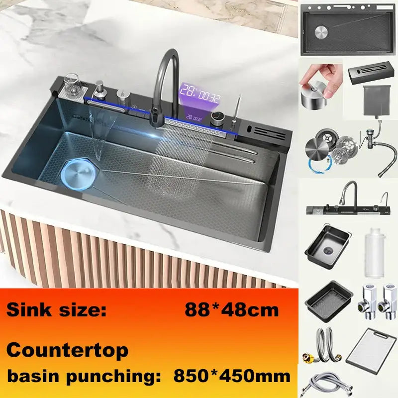 Modern black stainless steel double basin kitchen sink with digital faucet and integrated waterfall design