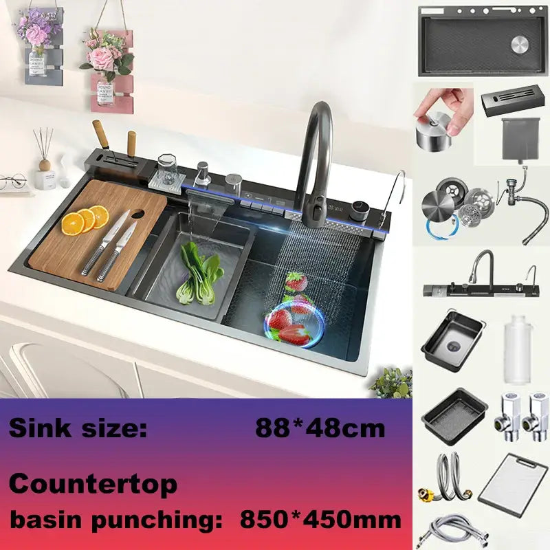 Modern black stainless steel double basin kitchen sink with black matte finish, waterfall faucet, and integrated cutting board