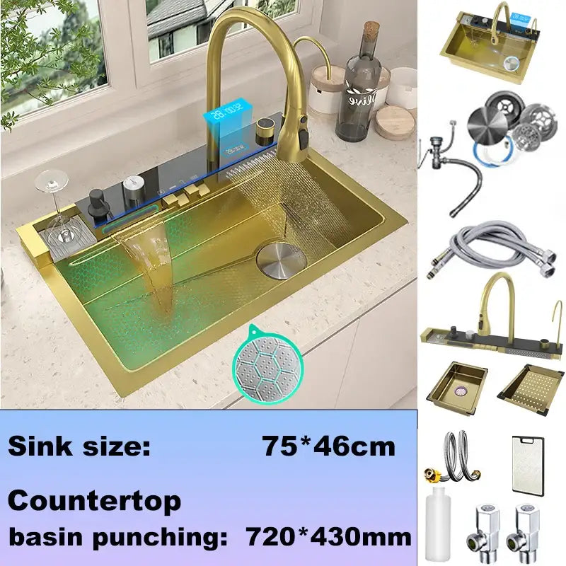 Modern black stainless steel double basin kitchen sink with gold-toned stainless steel waterfall faucet and soap dispenser