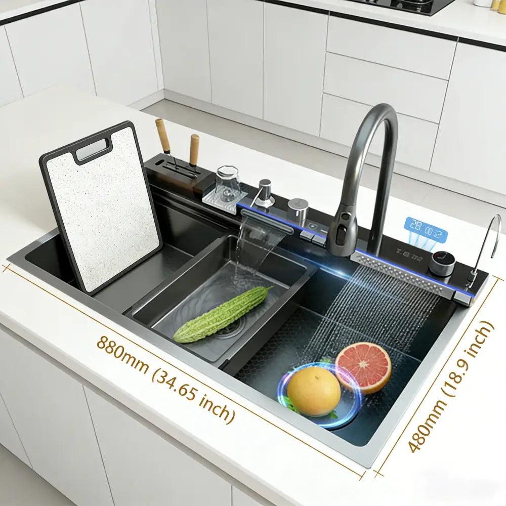 Modern black stainless steel double basin kitchen sink with sleek digital faucet and integrated display for kitchens