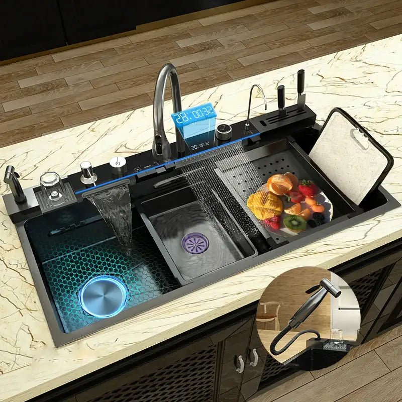 Modern black stainless steel double basin kitchen sink digital faucet - Decorbites