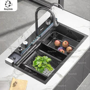Modern black stainless steel double basin kitchen sink digital faucet - Decorbites