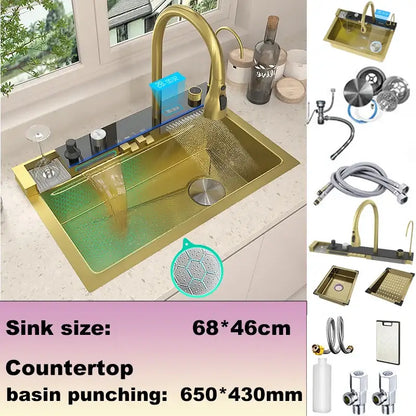 Modern black stainless steel double basin kitchen sink with gold-colored stainless steel waterfall faucet and integrated drainboard