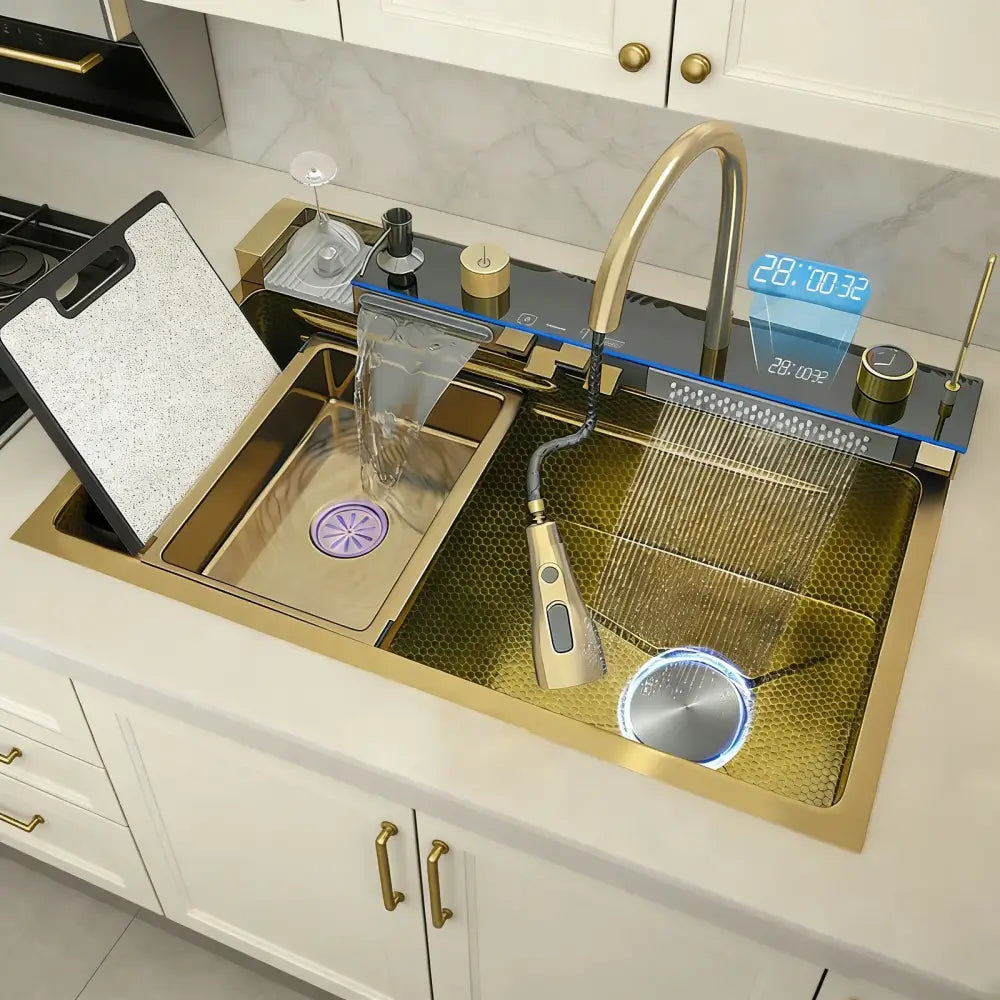 Modern black stainless steel double basin kitchen sink with gold-toned digital faucet and integrated time display