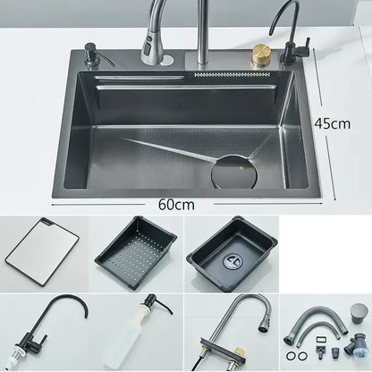 Modern black stainless steel double basin kitchen sink with integrated faucet and soap dispenser accessories