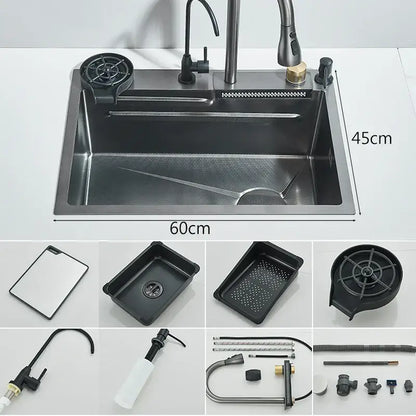 Modern black stainless steel double basin kitchen sink with integrated faucet and drain assembly 60cm x 45cm