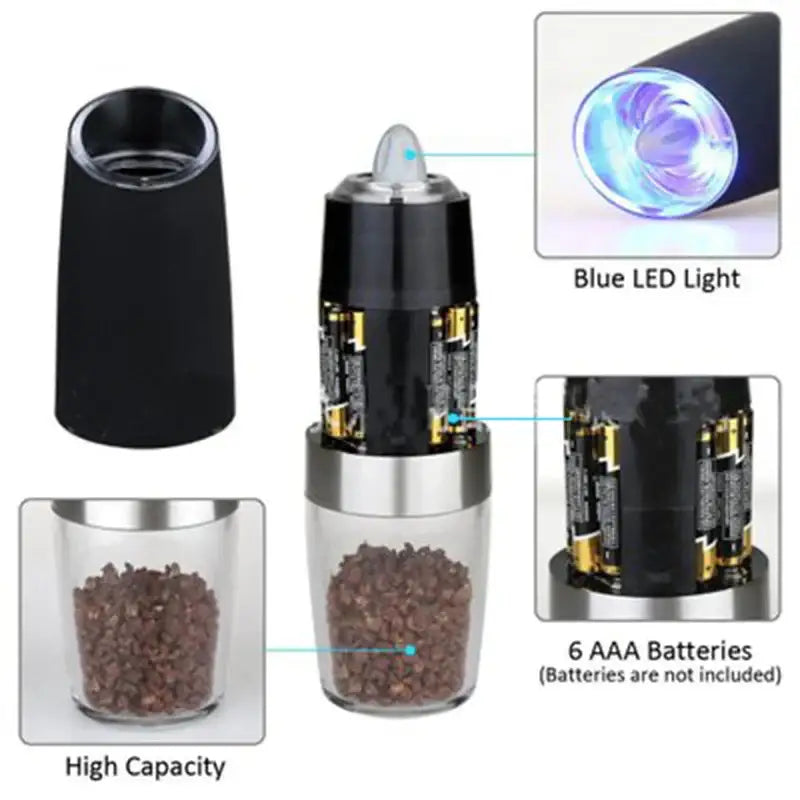 Modern black and stainless steel electric salt pepper grinder with blue led light for kitchen use pepper grinder
