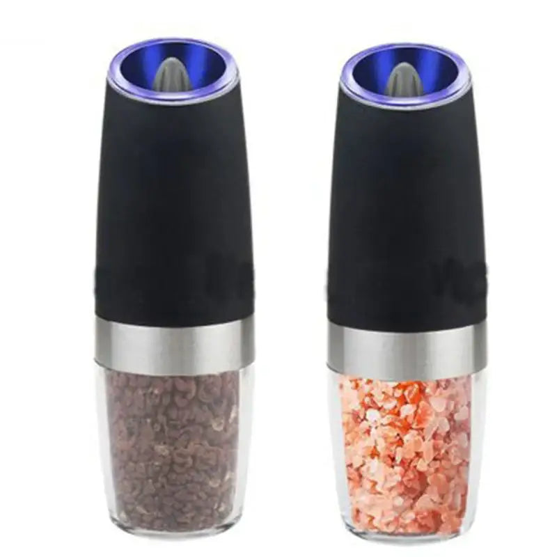Modern black and stainless steel electric salt pepper grinder set with blue led lights and clear glass bases