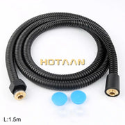 Black stainless steel flexible shower hose with brass fittings and blue caps for bathroom pipe installation