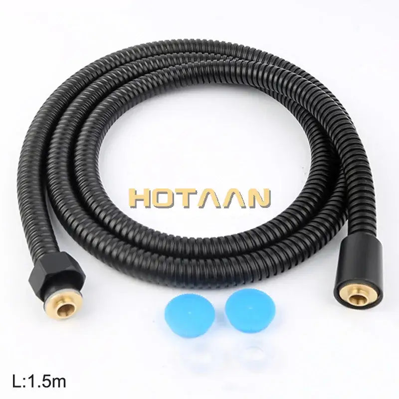 Black stainless steel flexible shower hose with brass fittings and blue caps for bathroom pipe installation
