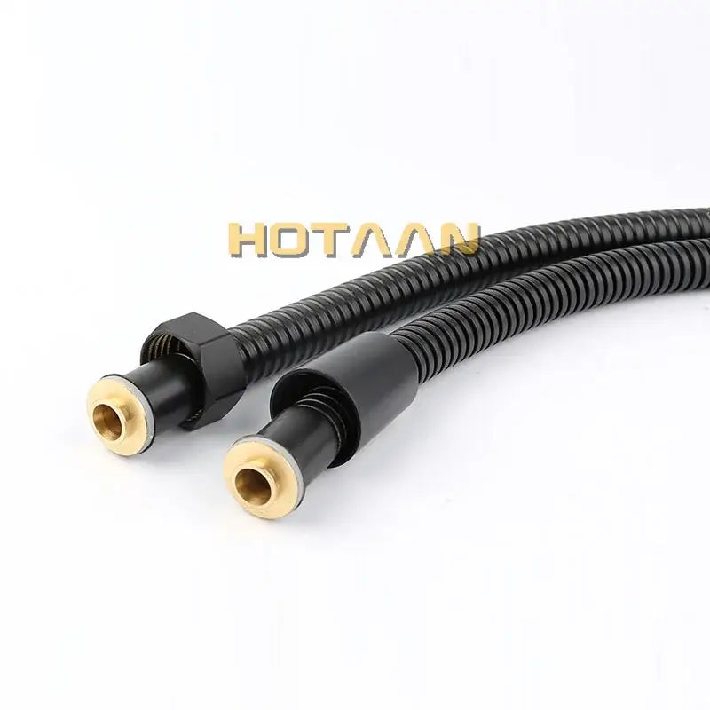 Modern black stainless steel flexible shower hose with black corrugated tubing and brass-colored threaded ends